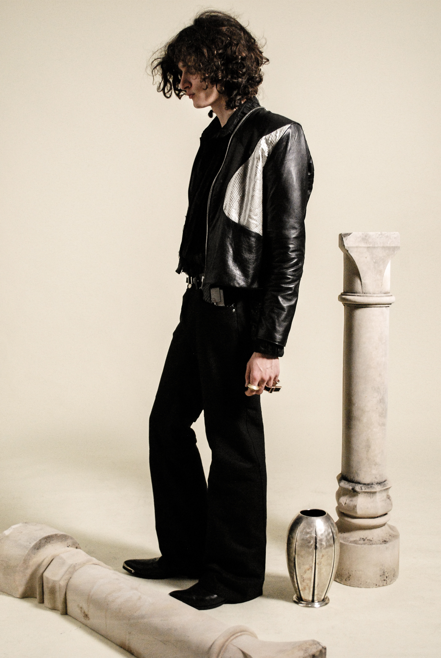 Veste « Disco » Python Argent – Cuir Noir